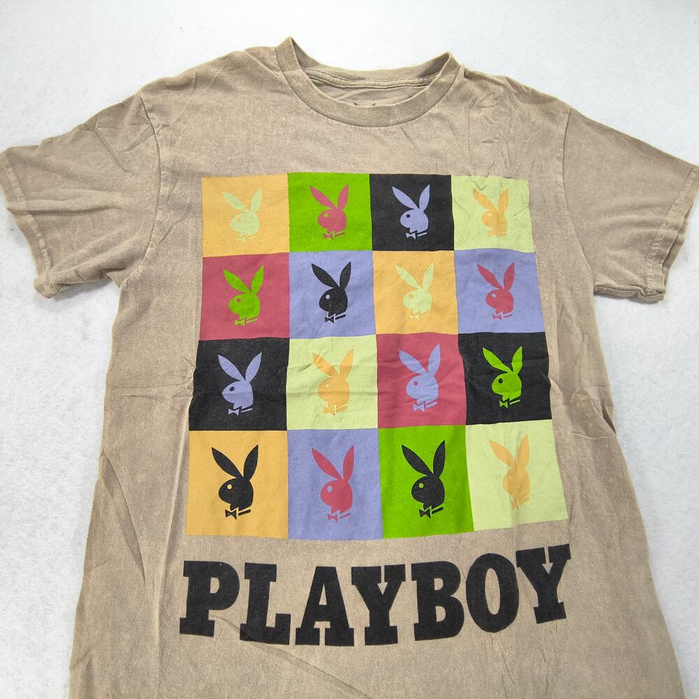 Playboy Graphic Casual Short Sleeve Crew Neck T Shirt Mens Size S Tan Multi